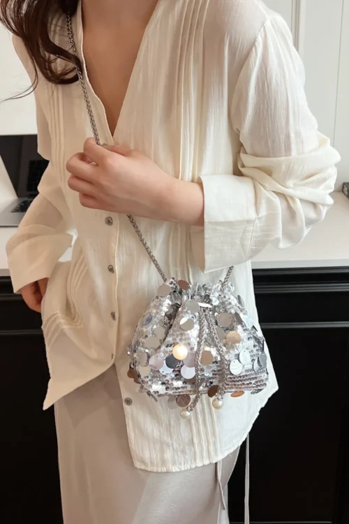 Drawstring Sequin Crossbody Bag - Image 4