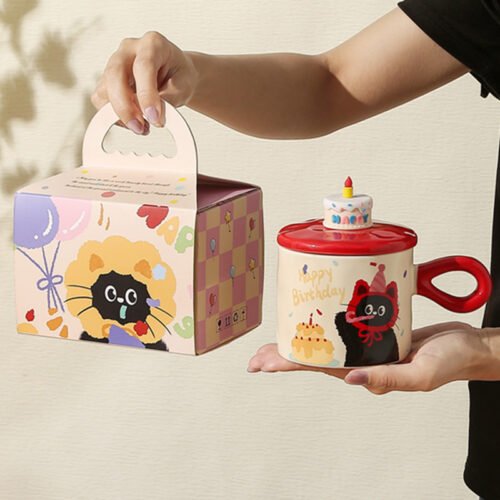 Adorable Cartoon Cat - themed Mug with Lid